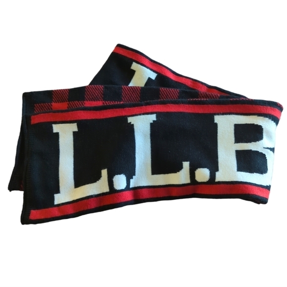 L.L. Bean Buffalo Plaid Logo Print Reversible Winter Scarf Red/Black/White - Picture 6 of 8
